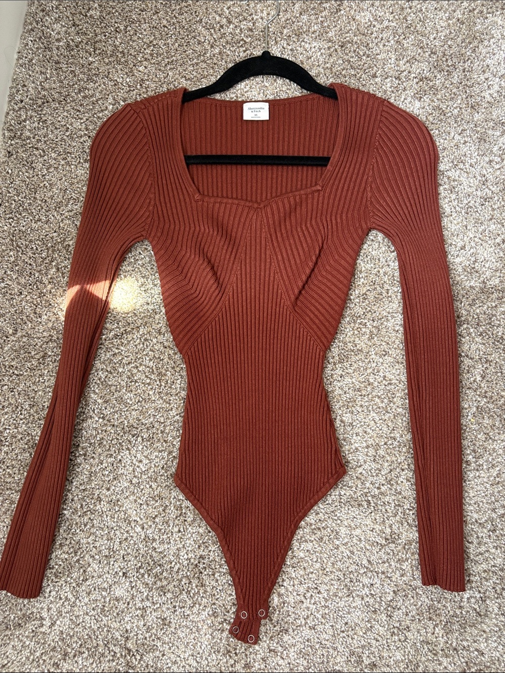 Abercrombie & Fitch Rust Ribbed Square-Neck Long Sleeve Bodysuit